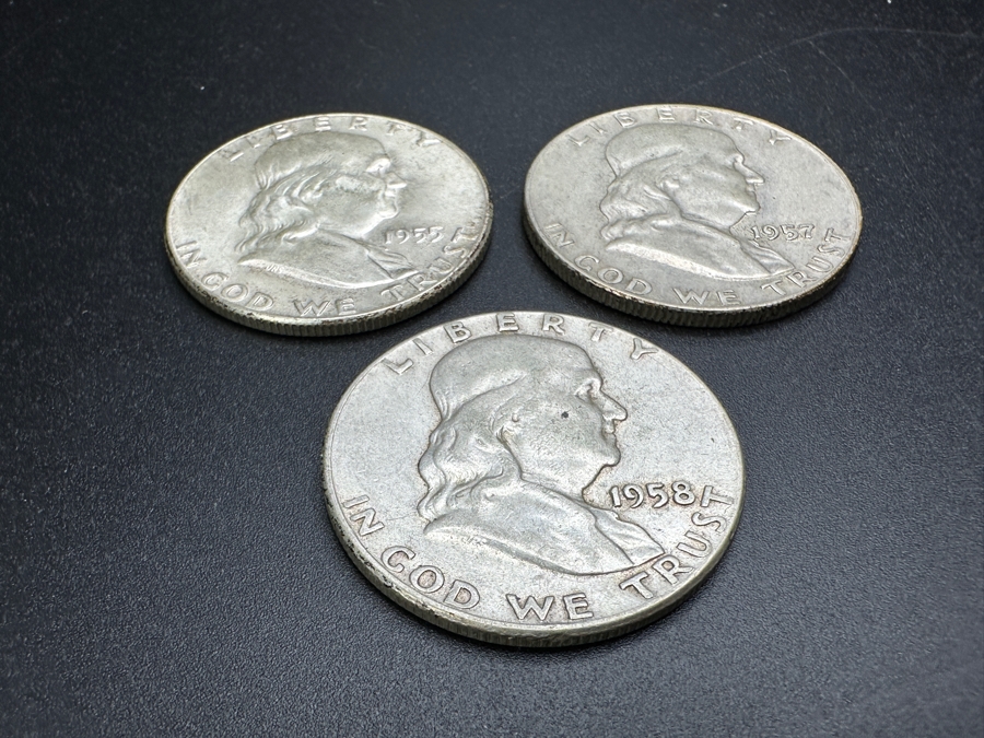 Just Added - (3) Silver Franklin Half Dollars: (1) 1955, (1) 1957 & (1) 1958 [Photo 5]
