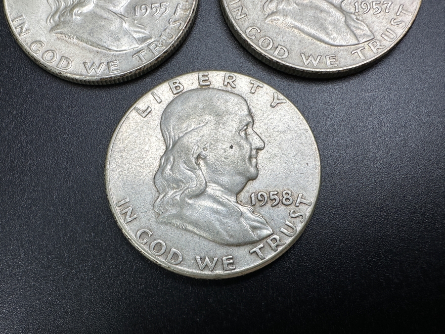 Just Added - (3) Silver Franklin Half Dollars: (1) 1955, (1) 1957 & (1) 1958 [Photo 4]