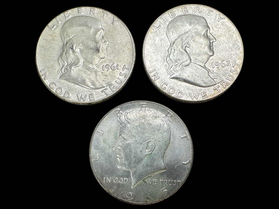 Just Added - (2) Silver Franklin Half Dollars: (1) 1961 & (1) 1962 & (1) 1965 Silver Kennedy Half Dollar