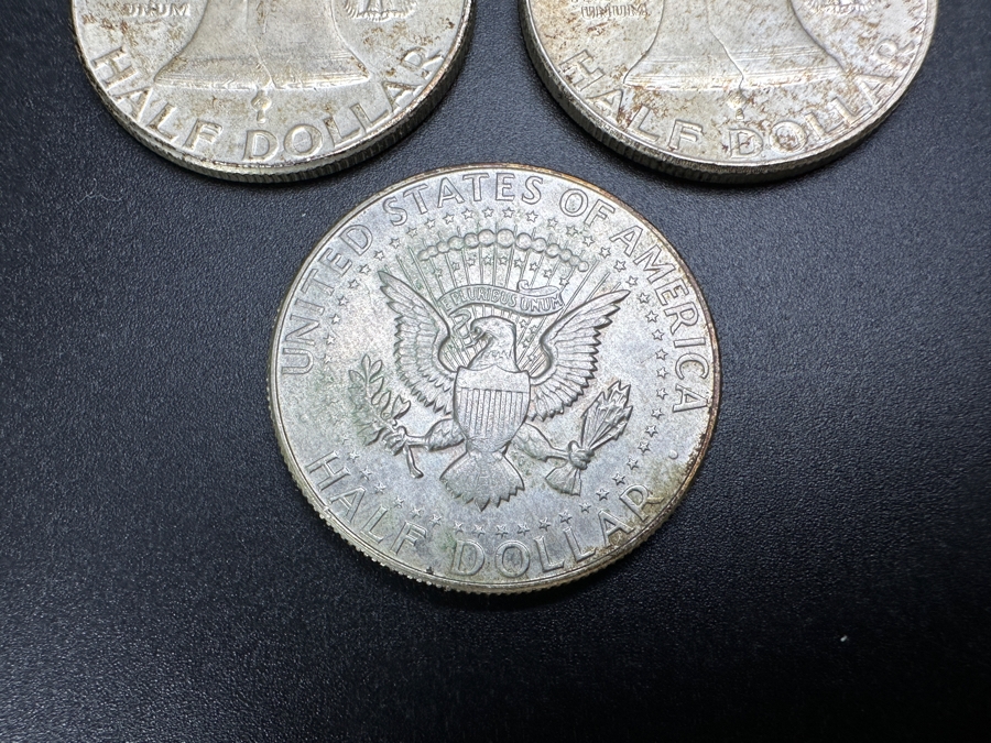 Just Added - (2) Silver Franklin Half Dollars: (1) 1961 & (1) 1962 & (1) 1965 Silver Kennedy Half Dollar [Photo 9]