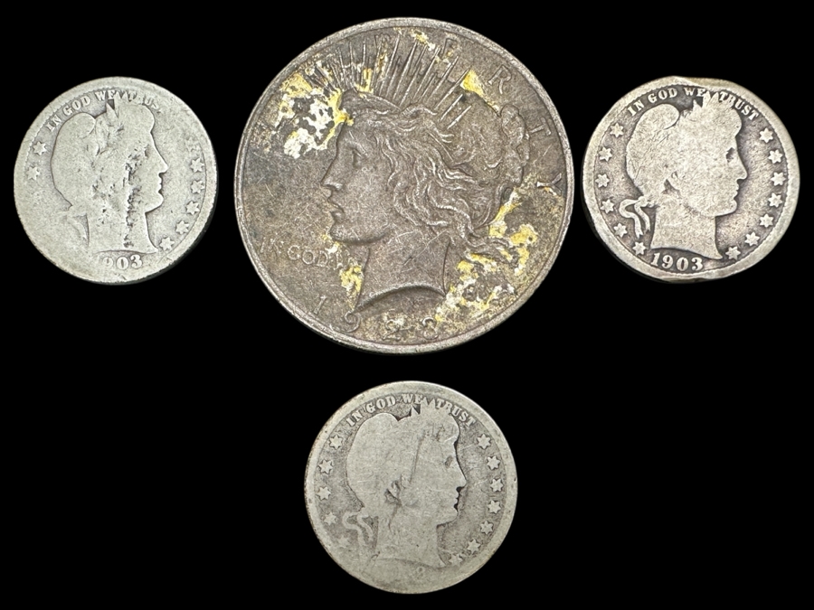 Just Added - (1) 1923 Peace Silver Dollar, (2) 1903 Silver Barber Quarter Dollar & (1) 1908 Silver Barber Quarter Dollar