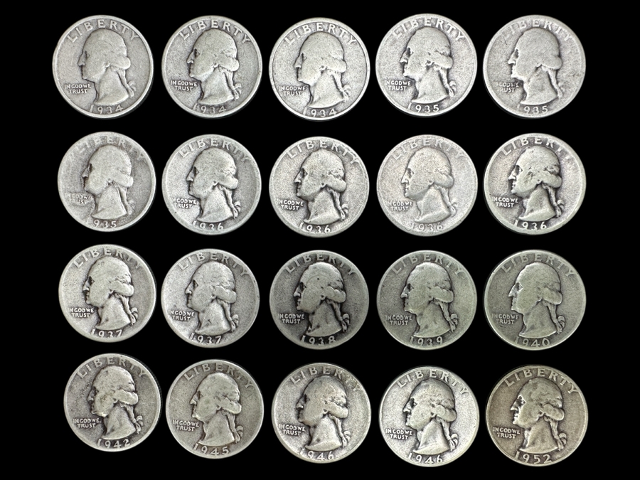 Just Added - (20) Silver Washington Quarters: (3) 1934, (3) 1935, (4) 1936, (2) 1937, (1) 1938, (1) 1939, (1) 1940, (1) 1942, (1) 1945, (2) 1946 & (1) 1952