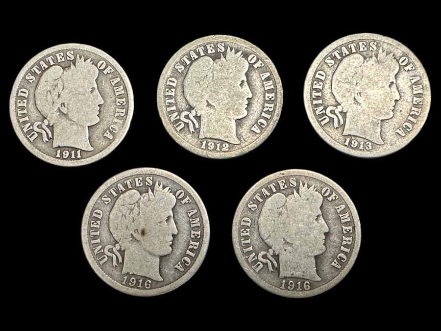 Just Added - (5) Barber Silver Dimes 1911, 1912, 1913 & (2) 1916