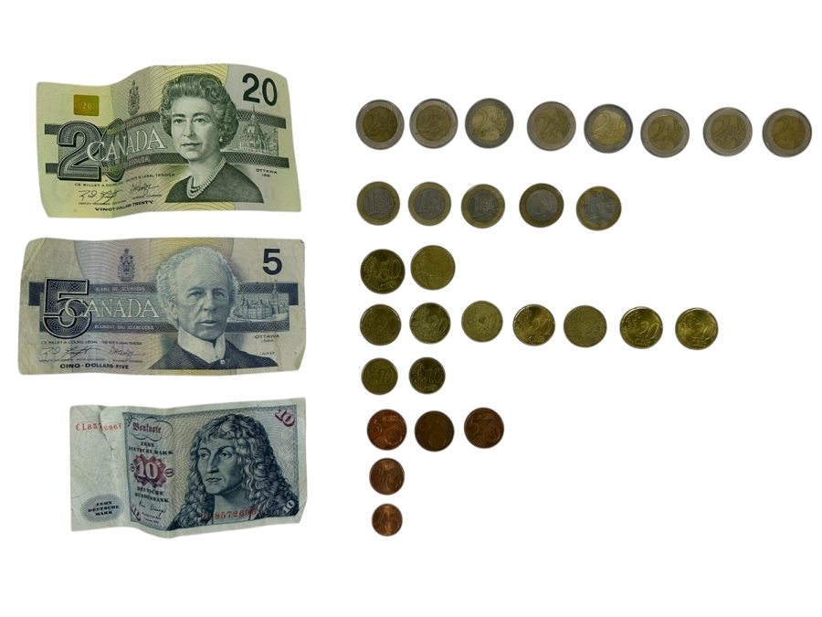 Just Added - Various Foreign Currency & Euro Coins Including 25 Canadian Dollars, 10 German Marks & 23 Euros In Coins