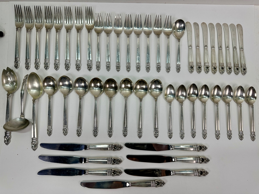 International Sterling Royal Danish Sterling Silver Flatware Service - Sterling Weighs 1,723g Not Including The Knives = $2,946 Melt Value / Spreader Knives With Sterling Blade & Handle Weighs 251.7g / Butter Knives Weigh 485.2g - Retails $12,000+ [Photo 2]