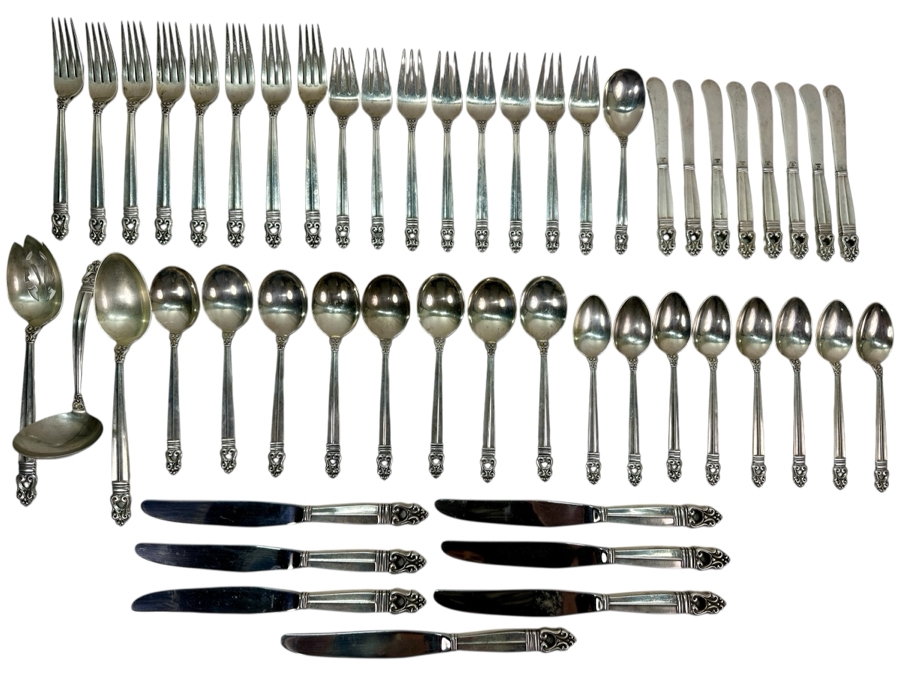 International Sterling Royal Danish Sterling Silver Flatware Service - Sterling Weighs 1,723g Not Including The Knives = $2,946 Melt Value / Spreader Knives With Sterling Blade & Handle Weighs 251.7g / Butter Knives Weigh 485.2g - Retails $12,000+