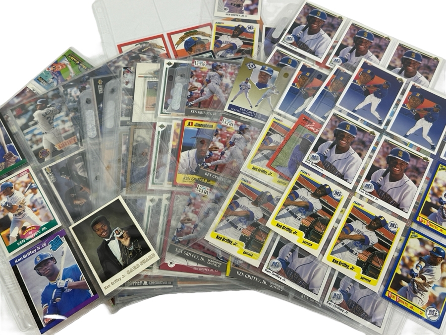 Just Added - Huge Collection Of 242 Ken Griffey, Jr. Seattle Mariners Baseball Cards Including Rookie Cards All Stored In Protective Sleeves Within Binder - See Photos