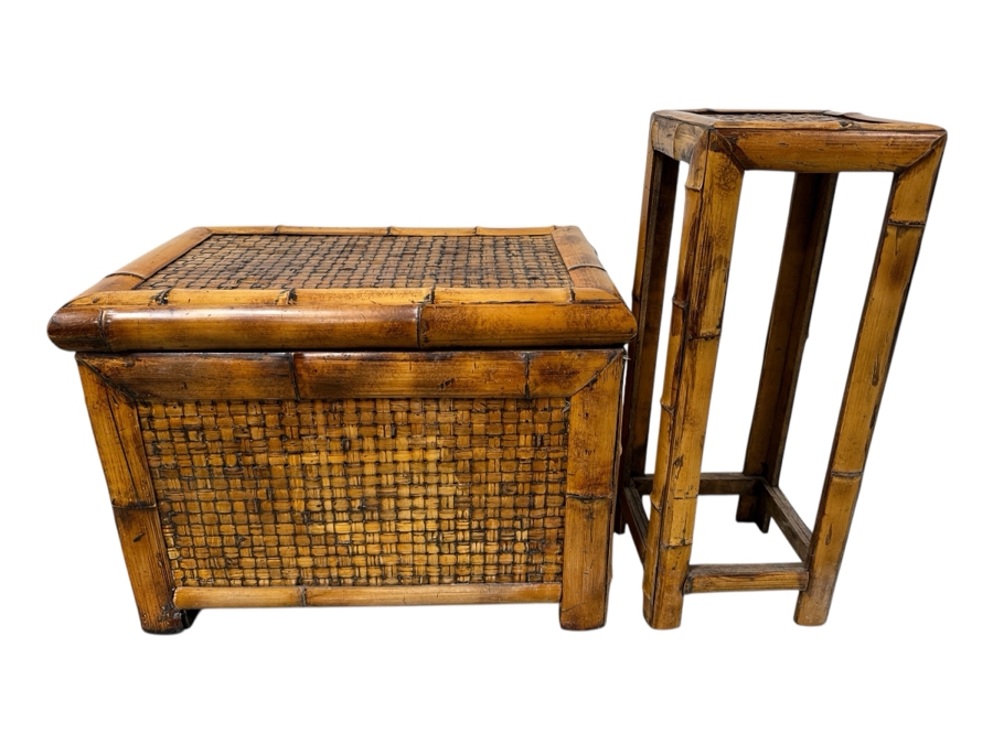 Bamboo And Rattan Trunk 24W X 16D X 19H And Stand 10W X 10D X 25H