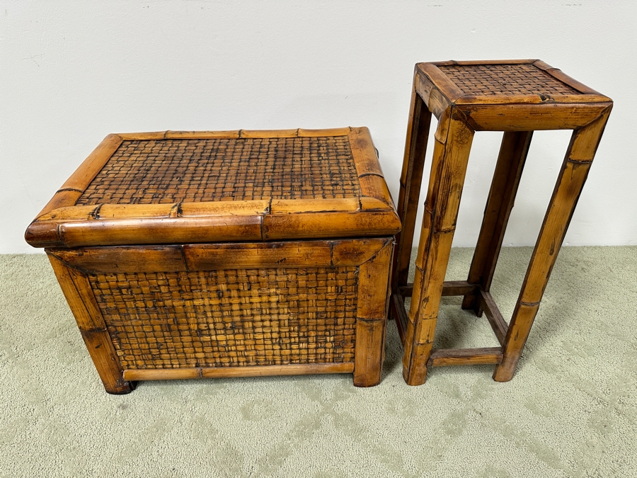 Bamboo And Rattan Trunk 24W X 16D X 19H And Stand 10W X 10D X 25H [Photo 2]