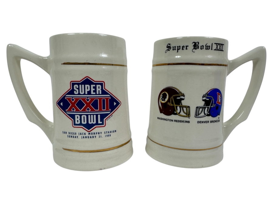 Just Added - Pair Of New Super Bowl XXII Mugs: Washington Redskins Vs. Denver Broncos Hosted At San Diego Jack Murphy Stadium January 31, 1988 5 5/8'H