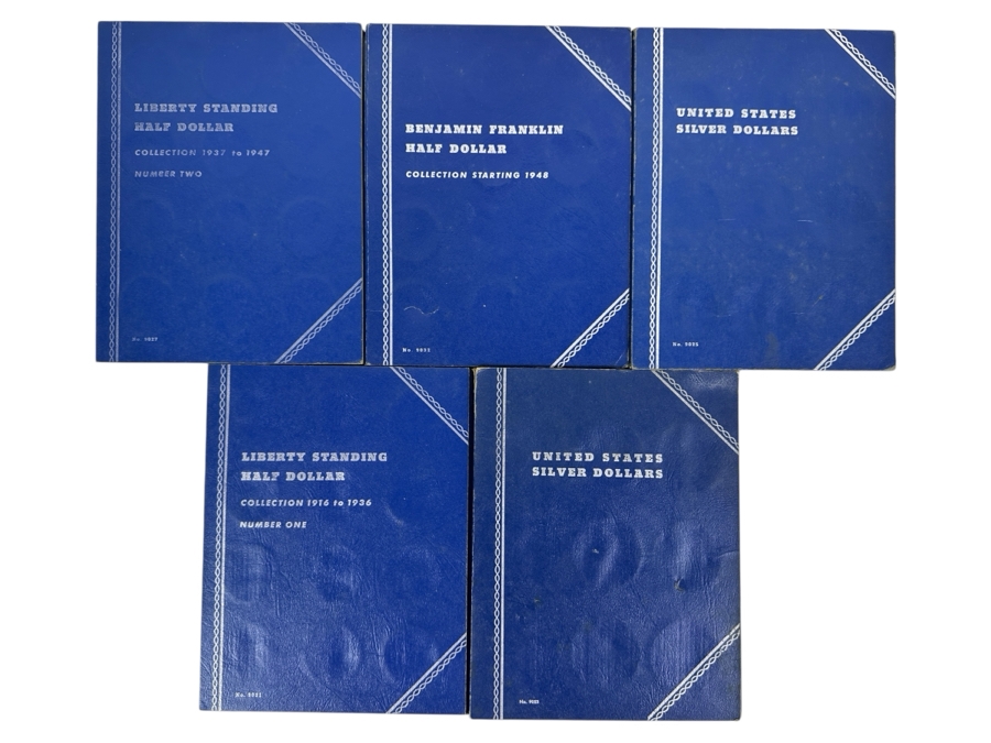 Just Added - (5) Empty Whitman Coin Books For Silver Dollars, Liberty Standing Half Dollars & Franklin Half Dollars