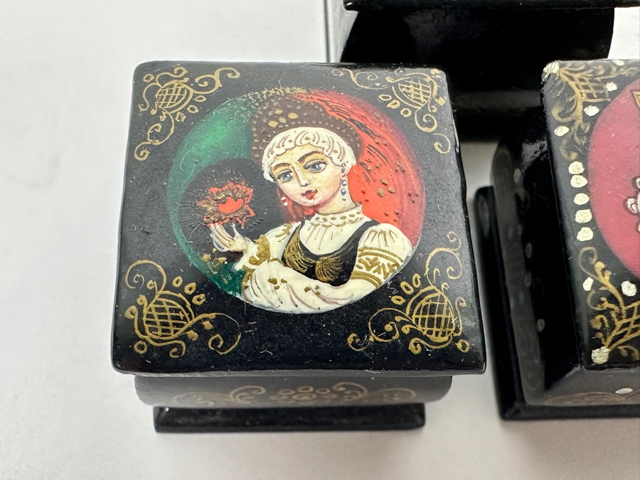 (3) Signed Miniature Russian Hand Painted Lacquer Boxes 1-1/8'W [Photo 2]