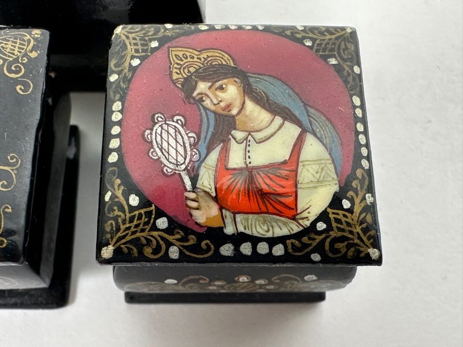 (3) Signed Miniature Russian Hand Painted Lacquer Boxes 1-1/8'W [Photo 3]
