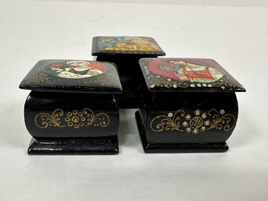 (3) Signed Miniature Russian Hand Painted Lacquer Boxes 1-1/8'W [Photo 5]