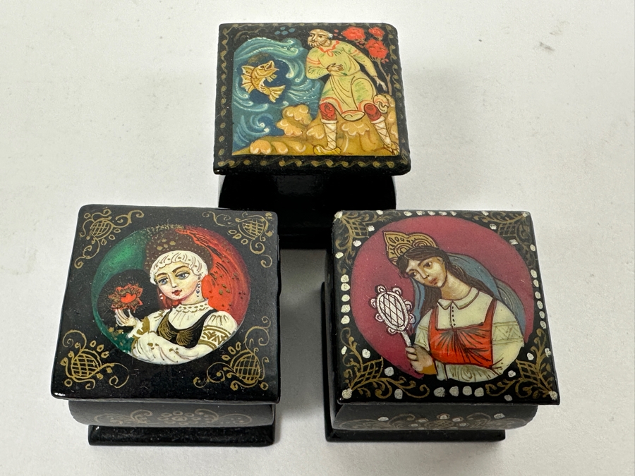(3) Signed Miniature Russian Hand Painted Lacquer Boxes 1-1/8'W [Photo 12]