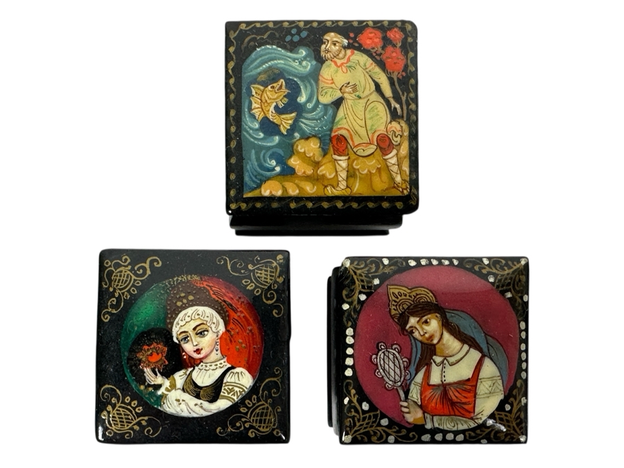 (3) Signed Miniature Russian Hand Painted Lacquer Boxes 1-1/8'W