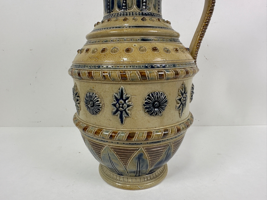 Rare Antique Signed Henry Doulton (Royal Doulton) Pottery Ewer With Substantial Beasley & Beasley English Sterling Silver Top (Pottery Needs To Be Repaired - See Photos For Hairline Cracks) 14'H [Photo 5]