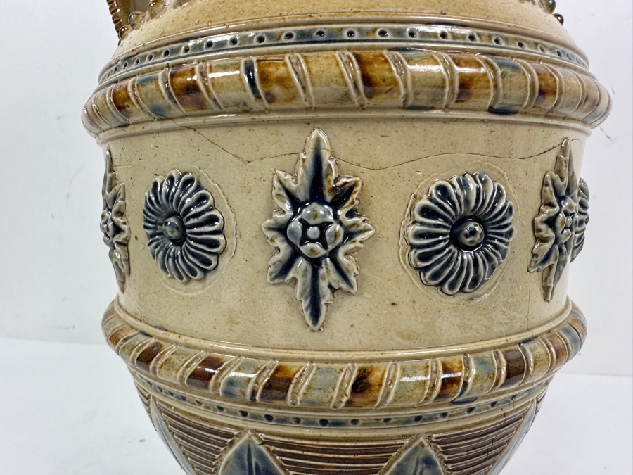 Rare Antique Signed Henry Doulton (Royal Doulton) Pottery Ewer With Substantial Beasley & Beasley English Sterling Silver Top (Pottery Needs To Be Repaired - See Photos For Hairline Cracks) 14'H [Photo 16]