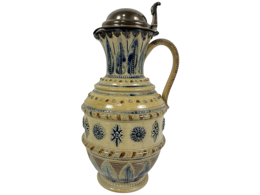 Rare Antique Signed Henry Doulton (Royal Doulton) Pottery Ewer With Substantial Beasley & Beasley English Sterling Silver Top (Pottery Needs To Be Repaired - See Photos For Hairline Cracks) 14'H [Photo 2]