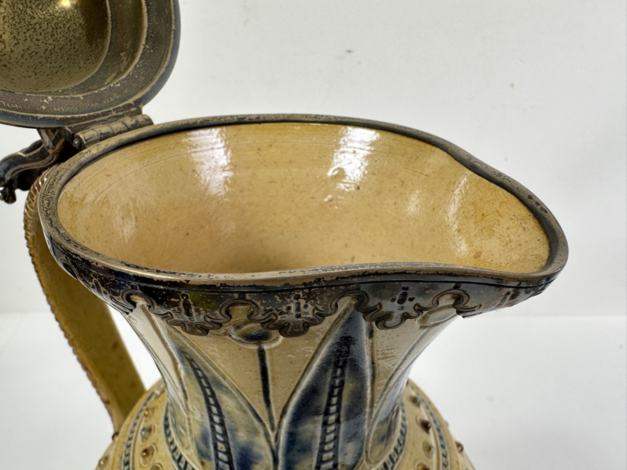 Rare Antique Signed Henry Doulton (Royal Doulton) Pottery Ewer With Substantial Beasley & Beasley English Sterling Silver Top (Pottery Needs To Be Repaired - See Photos For Hairline Cracks) 14'H [Photo 22]