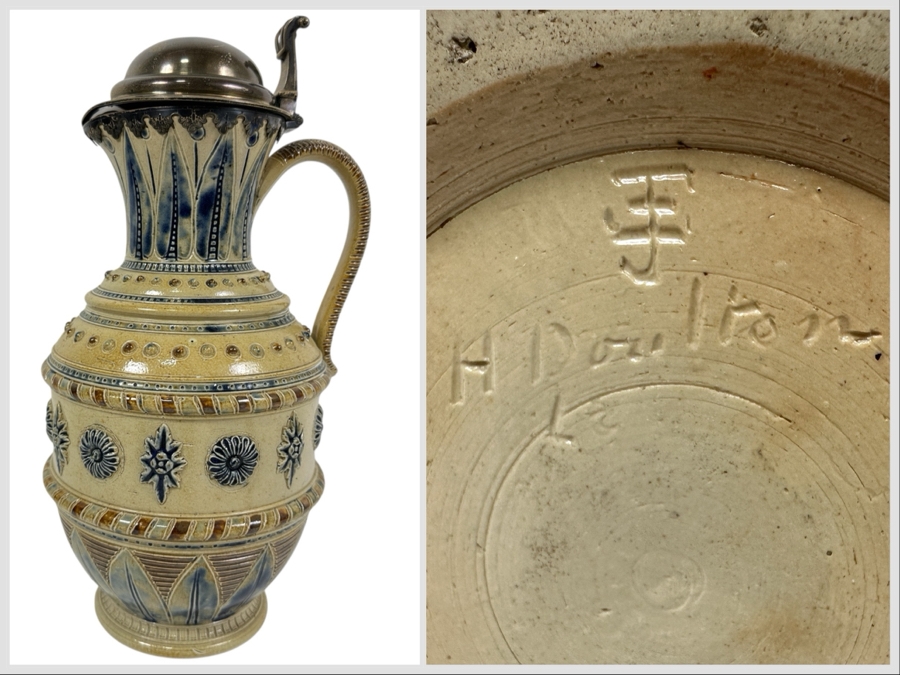 Rare Antique Signed Henry Doulton (Royal Doulton) Pottery Ewer With Substantial Beasley & Beasley English Sterling Silver Top (Pottery Needs To Be Repaired - See Photos For Hairline Cracks) 14'H
