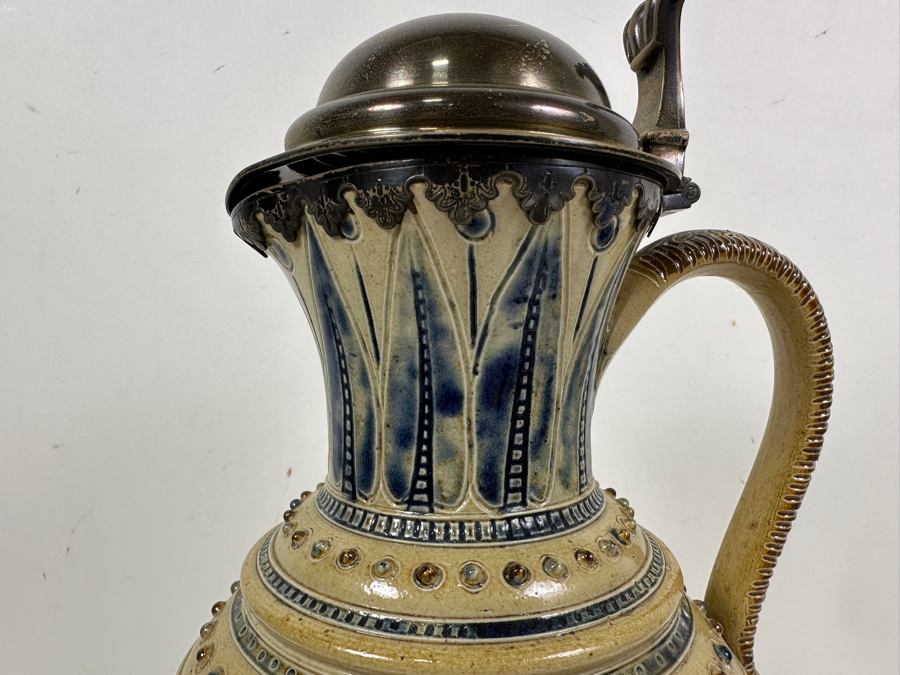 Rare Antique Signed Henry Doulton (Royal Doulton) Pottery Ewer With Substantial Beasley & Beasley English Sterling Silver Top (Pottery Needs To Be Repaired - See Photos For Hairline Cracks) 14'H [Photo 6]