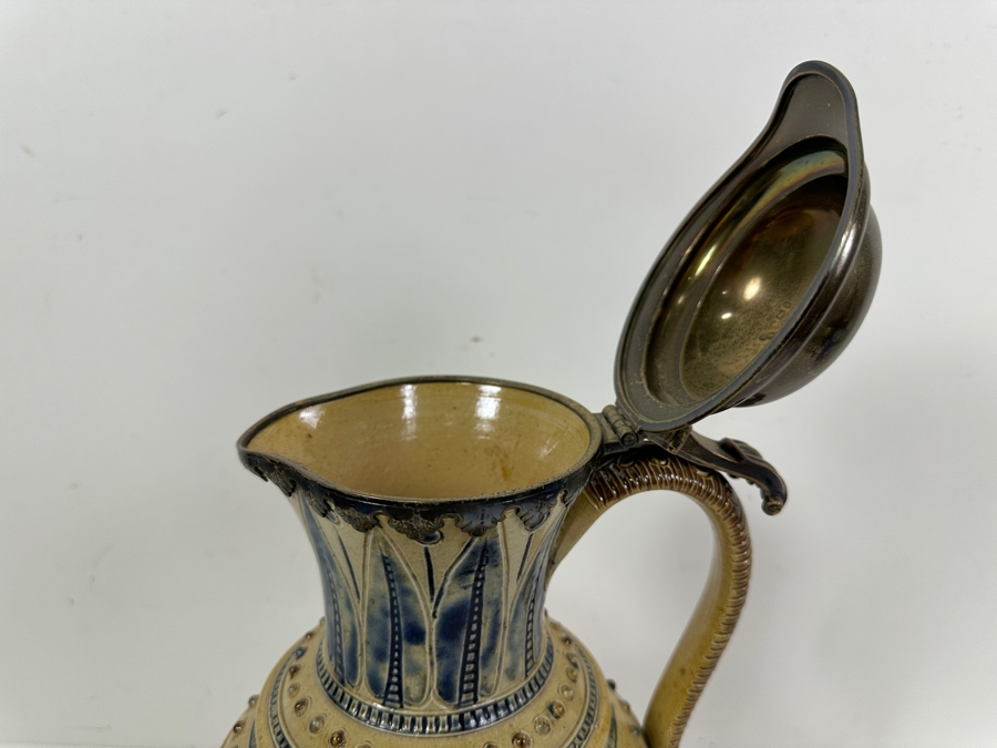 Rare Antique Signed Henry Doulton (Royal Doulton) Pottery Ewer With Substantial Beasley & Beasley English Sterling Silver Top (Pottery Needs To Be Repaired - See Photos For Hairline Cracks) 14'H [Photo 7]