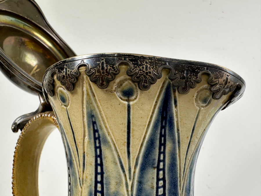 Rare Antique Signed Henry Doulton (Royal Doulton) Pottery Ewer With Substantial Beasley & Beasley English Sterling Silver Top (Pottery Needs To Be Repaired - See Photos For Hairline Cracks) 14'H [Photo 21]