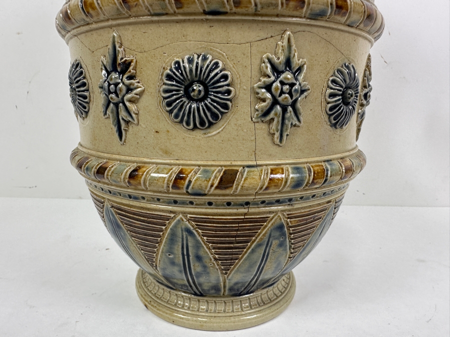 Rare Antique Signed Henry Doulton (Royal Doulton) Pottery Ewer With Substantial Beasley & Beasley English Sterling Silver Top (Pottery Needs To Be Repaired - See Photos For Hairline Cracks) 14'H [Photo 13]