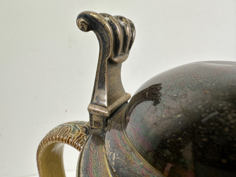 Rare Antique Signed Henry Doulton (Royal Doulton) Pottery Ewer With Substantial Beasley & Beasley English Sterling Silver Top (Pottery Needs To Be Repaired - See Photos For Hairline Cracks) 14'H [Photo 23]