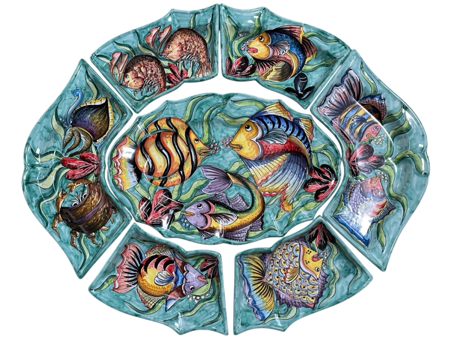 Assunta Positano Handmade Ceramic Fish Platter with 6 Circling Plates, Made in Italy 34' x 28'