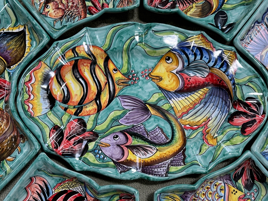 Assunta Positano Handmade Ceramic Fish Platter with 6 Circling Plates, Made in Italy 34' x 28' [Photo 2]