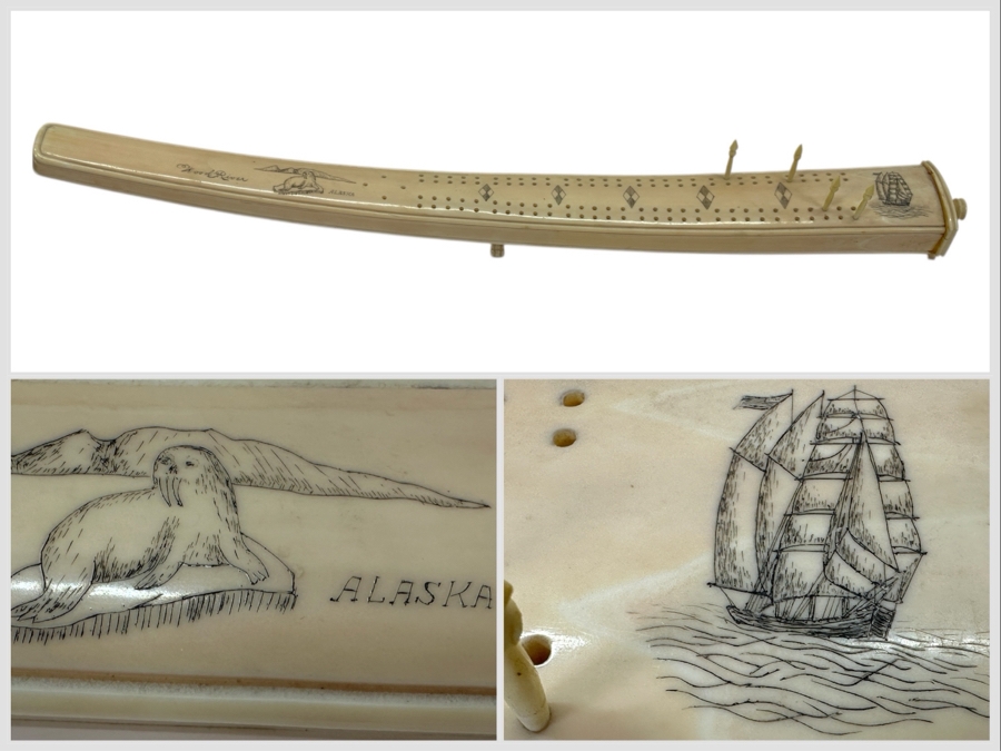 Old Inuit Alaskan Walrus Tusk Scrimshaw Cribbage Board From Wood River Alaska 23'L X 2.5'W X 5'H 