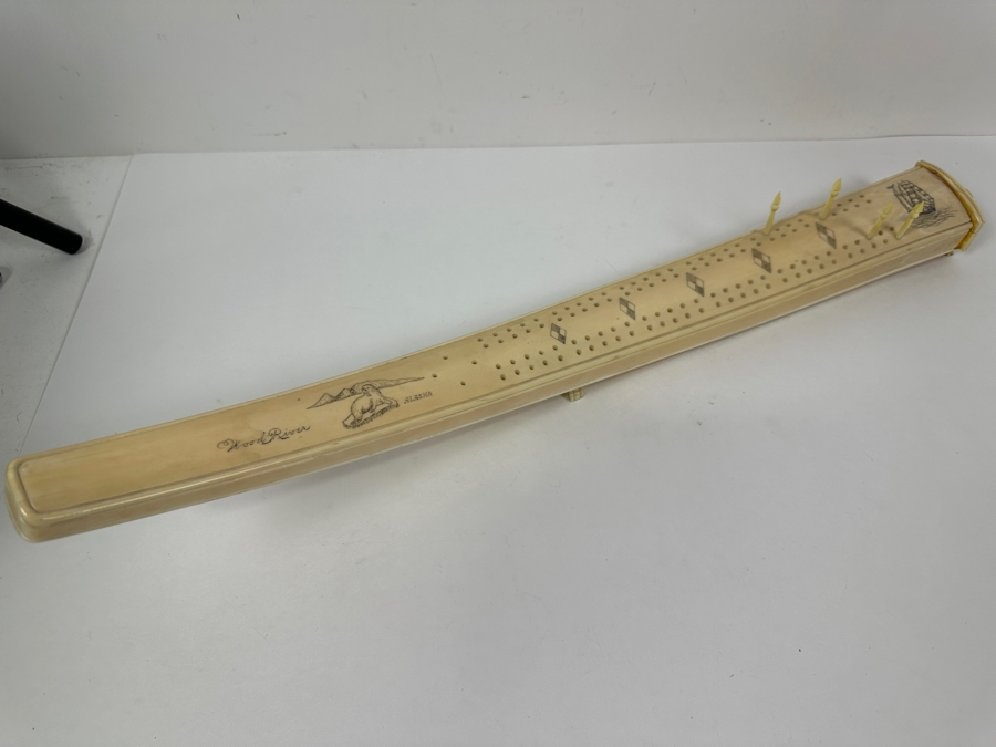 Old Inuit Alaskan Walrus Tusk Scrimshaw Cribbage Board From Wood River Alaska 23'L X 2.5'W X 5'H  [Photo 7]