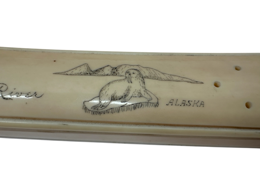 Old Inuit Alaskan Walrus Tusk Scrimshaw Cribbage Board From Wood River Alaska 23'L X 2.5'W X 5'H  [Photo 5]