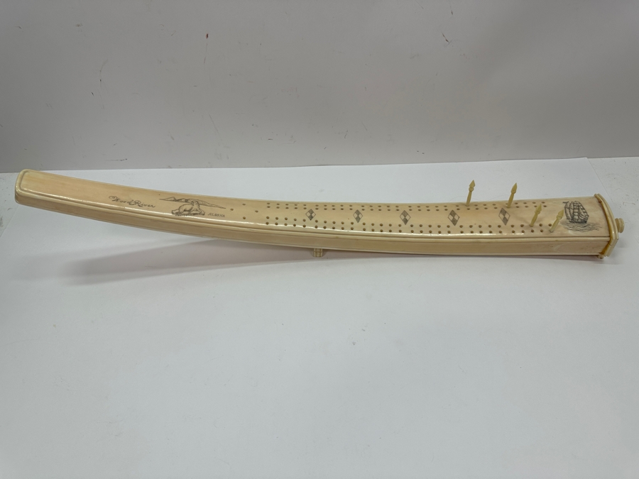 Old Inuit Alaskan Walrus Tusk Scrimshaw Cribbage Board From Wood River Alaska 23'L X 2.5'W X 5'H  [Photo 9]