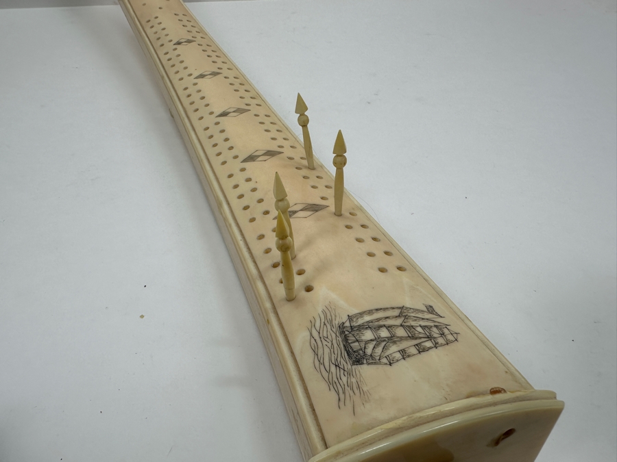 Old Inuit Alaskan Walrus Tusk Scrimshaw Cribbage Board From Wood River Alaska 23'L X 2.5'W X 5'H  [Photo 18]