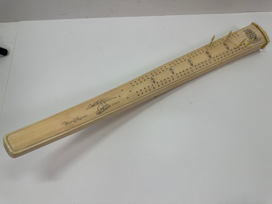Old Inuit Alaskan Walrus Tusk Scrimshaw Cribbage Board From Wood River Alaska 23'L X 2.5'W X 5'H  [Photo 8]