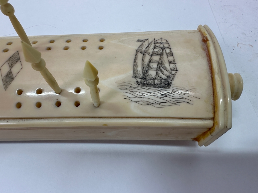 Old Inuit Alaskan Walrus Tusk Scrimshaw Cribbage Board From Wood River Alaska 23'L X 2.5'W X 5'H  [Photo 10]