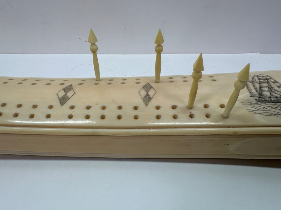 Old Inuit Alaskan Walrus Tusk Scrimshaw Cribbage Board From Wood River Alaska 23'L X 2.5'W X 5'H  [Photo 12]