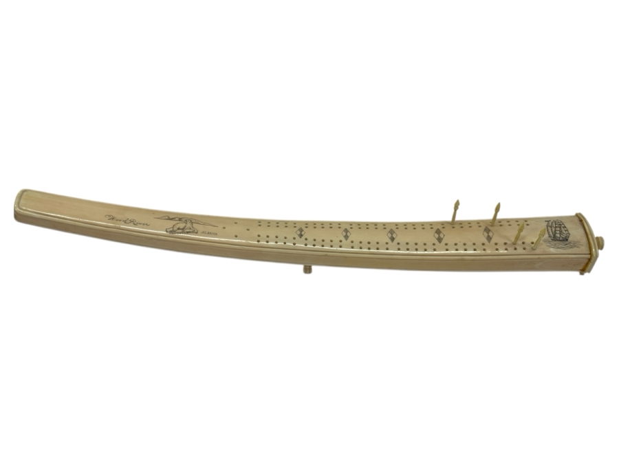 Old Inuit Alaskan Walrus Tusk Scrimshaw Cribbage Board From Wood River Alaska 23'L X 2.5'W X 5'H  [Photo 2]