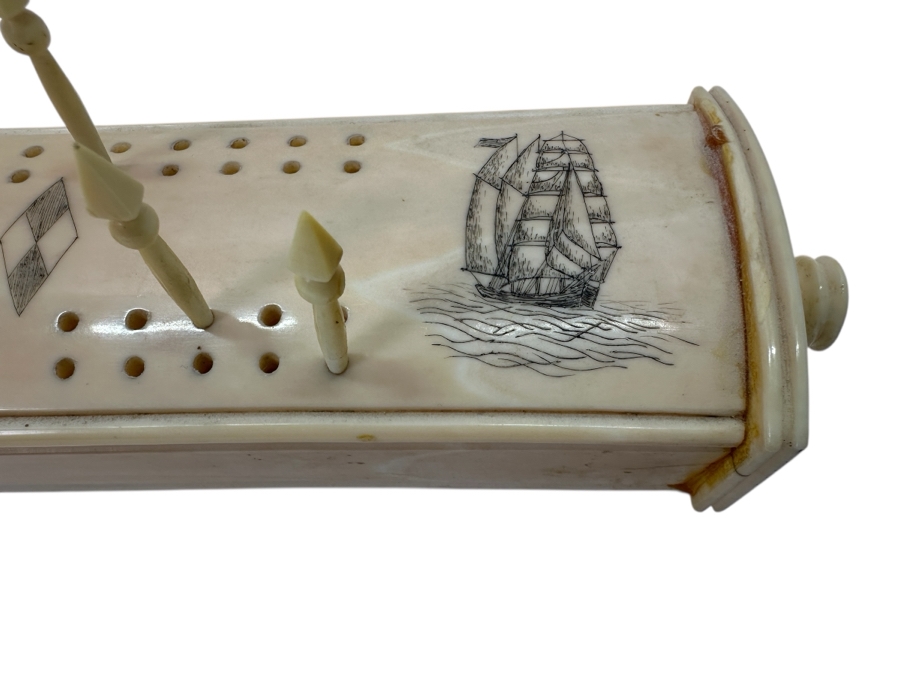 Old Inuit Alaskan Walrus Tusk Scrimshaw Cribbage Board From Wood River Alaska 23'L X 2.5'W X 5'H  [Photo 4]