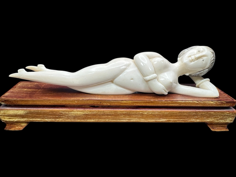 Antique Chinese Carved Bone Medicine Doll Doctor's Lady With Wooden Stand - Lady Is 7'L / Stand Is 8'L