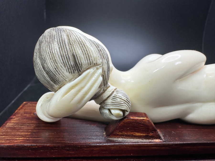 Antique Chinese Carved Bone Medicine Doll Doctor's Lady With Wooden Stand - Lady Is 7'L / Stand Is 8'L [Photo 7]