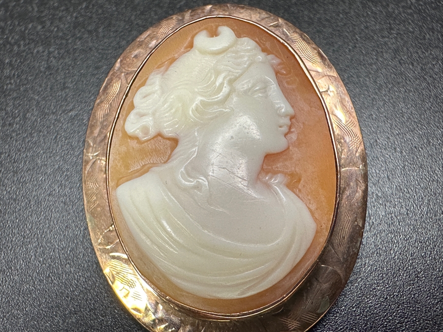 10k Gold Vintage Carved Shell Cameo Brooch Pin Pendant 5.3g [Photo 2]