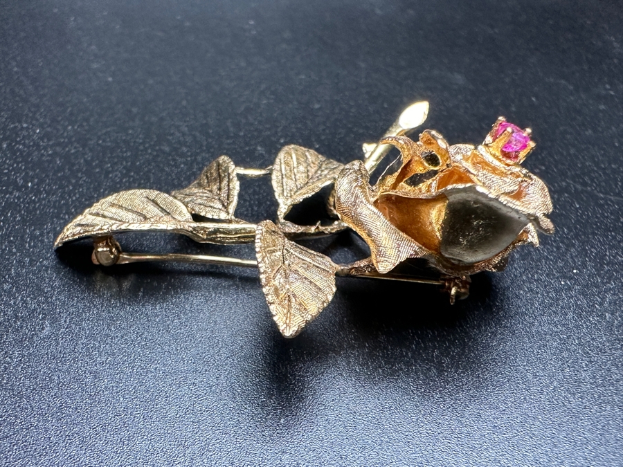 14k Gold Rose Brooch Pin With Stone 13.3g [Photo 6]
