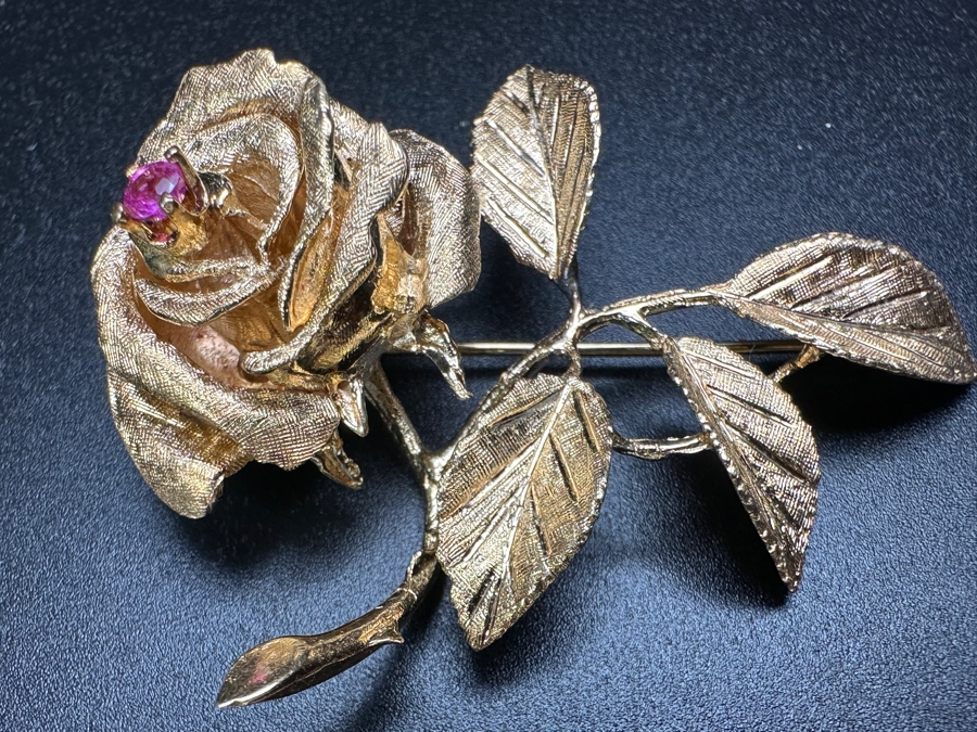 14k Gold Rose Brooch Pin With Stone 13.3g [Photo 5]