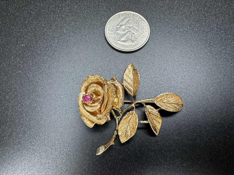 14k Gold Rose Brooch Pin With Stone 13.3g [Photo 9]