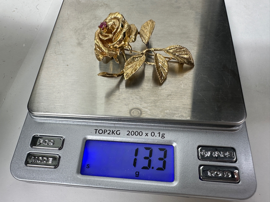 14k Gold Rose Brooch Pin With Stone 13.3g [Photo 10]