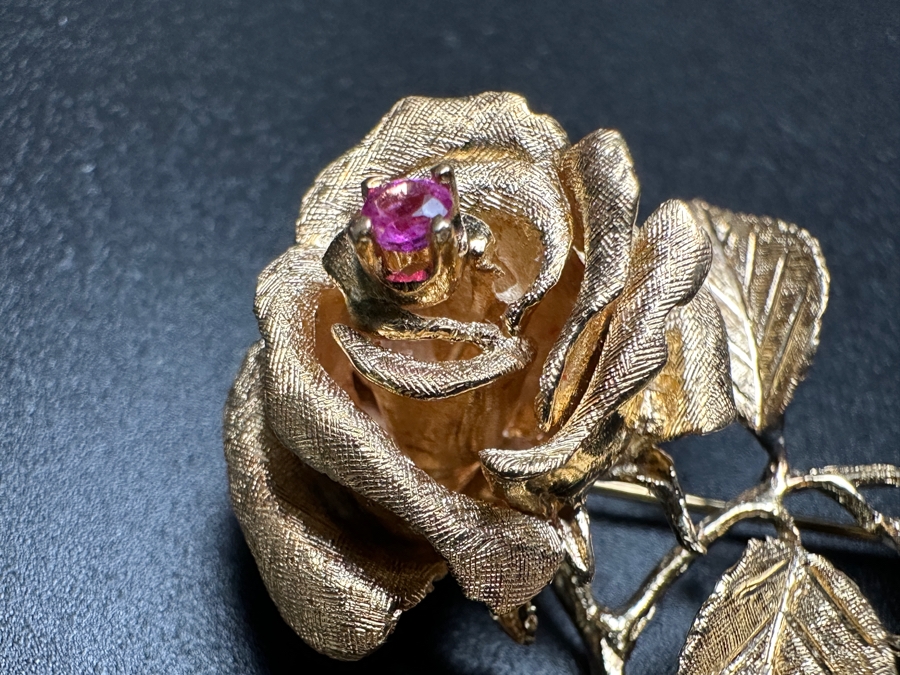 14k Gold Rose Brooch Pin With Stone 13.3g [Photo 4]